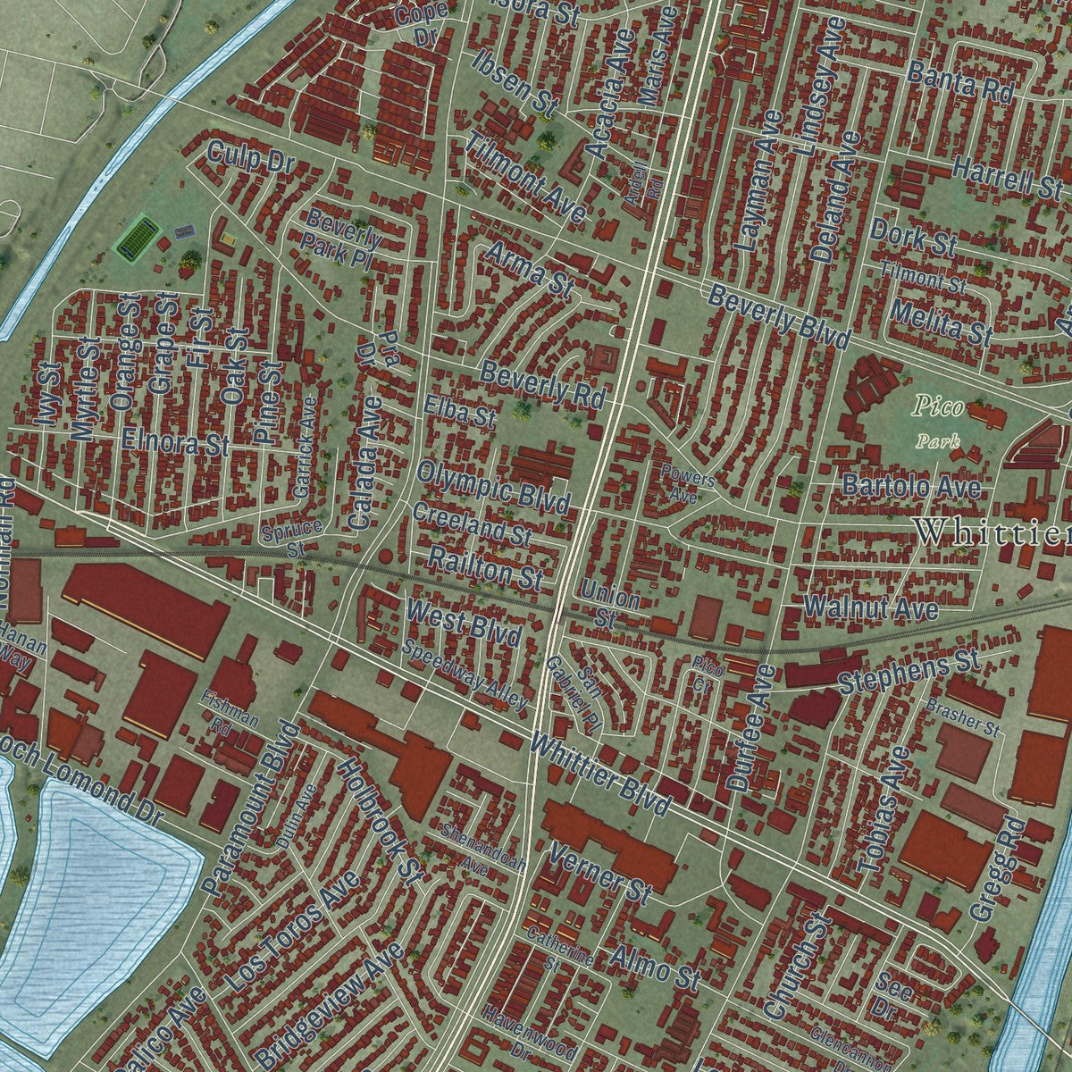 Second close-up of the map of Pico Rivera, California print showing more streets and buildings