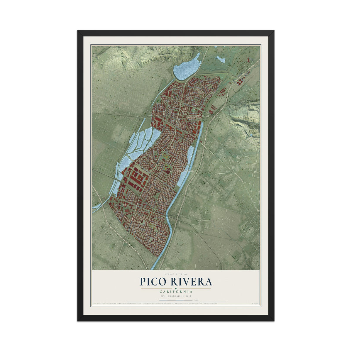 Map of Pico Rivera, California, 12 x 18 inch print in a black wood frame