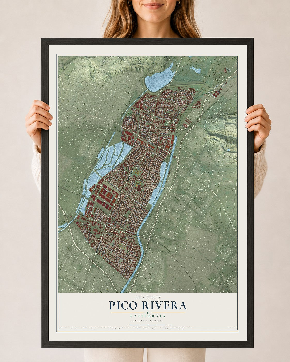 Map of Pico Rivera, California, 24 x 36 inch print in a black wood frame