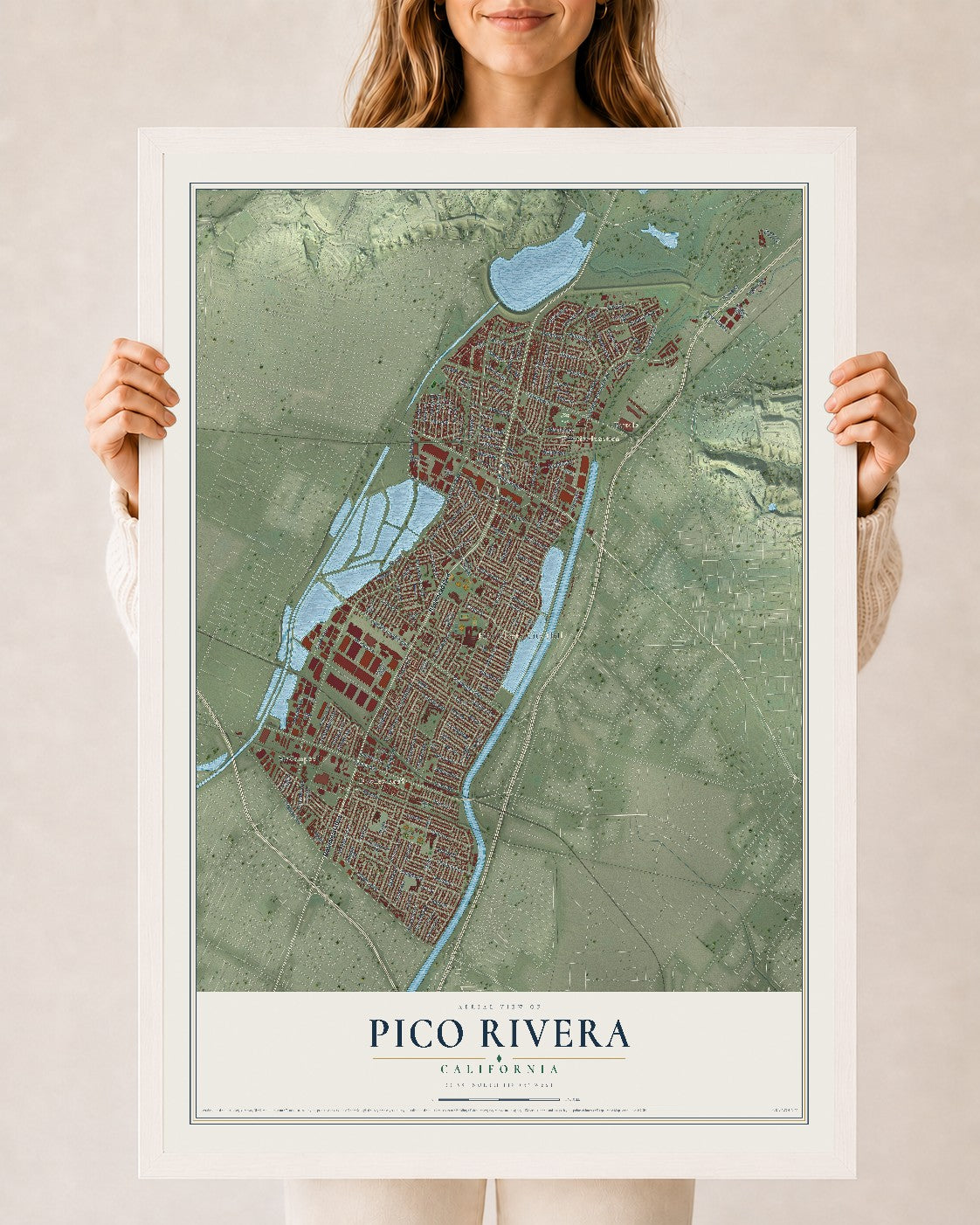 Map of Pico Rivera, California, 24 x 36 inch print in a white wood frame