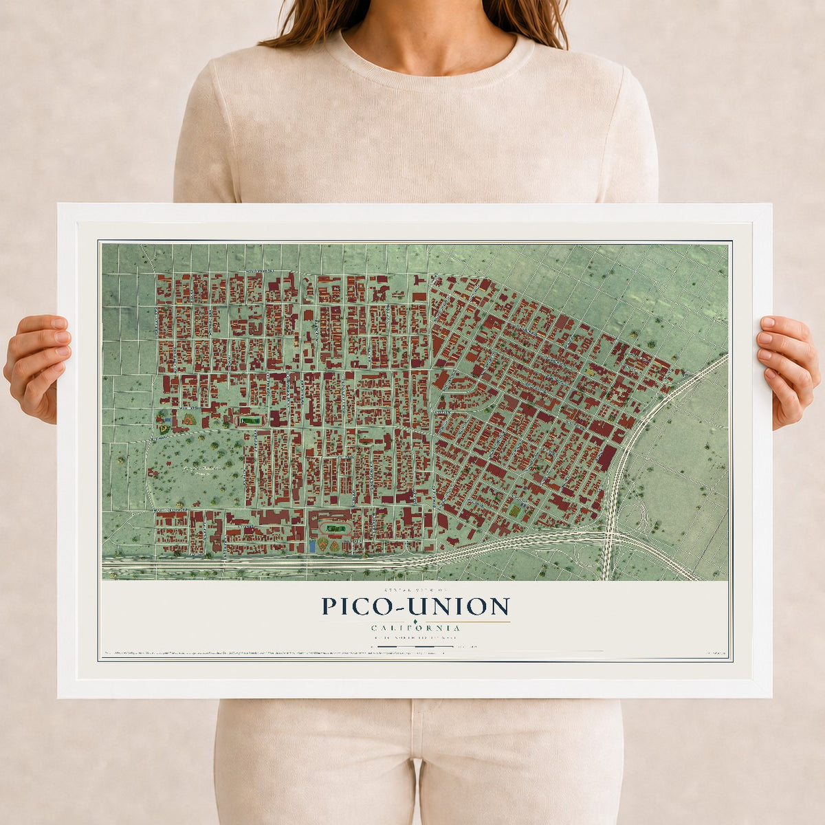 Map of Pico-Union, California, 12 x 18 inch print in a white wood frame