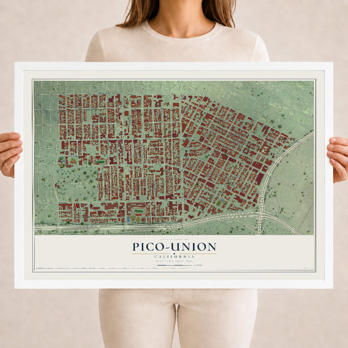 Map of Pico-Union, California, 18 x 24 inch print in a white wood frame