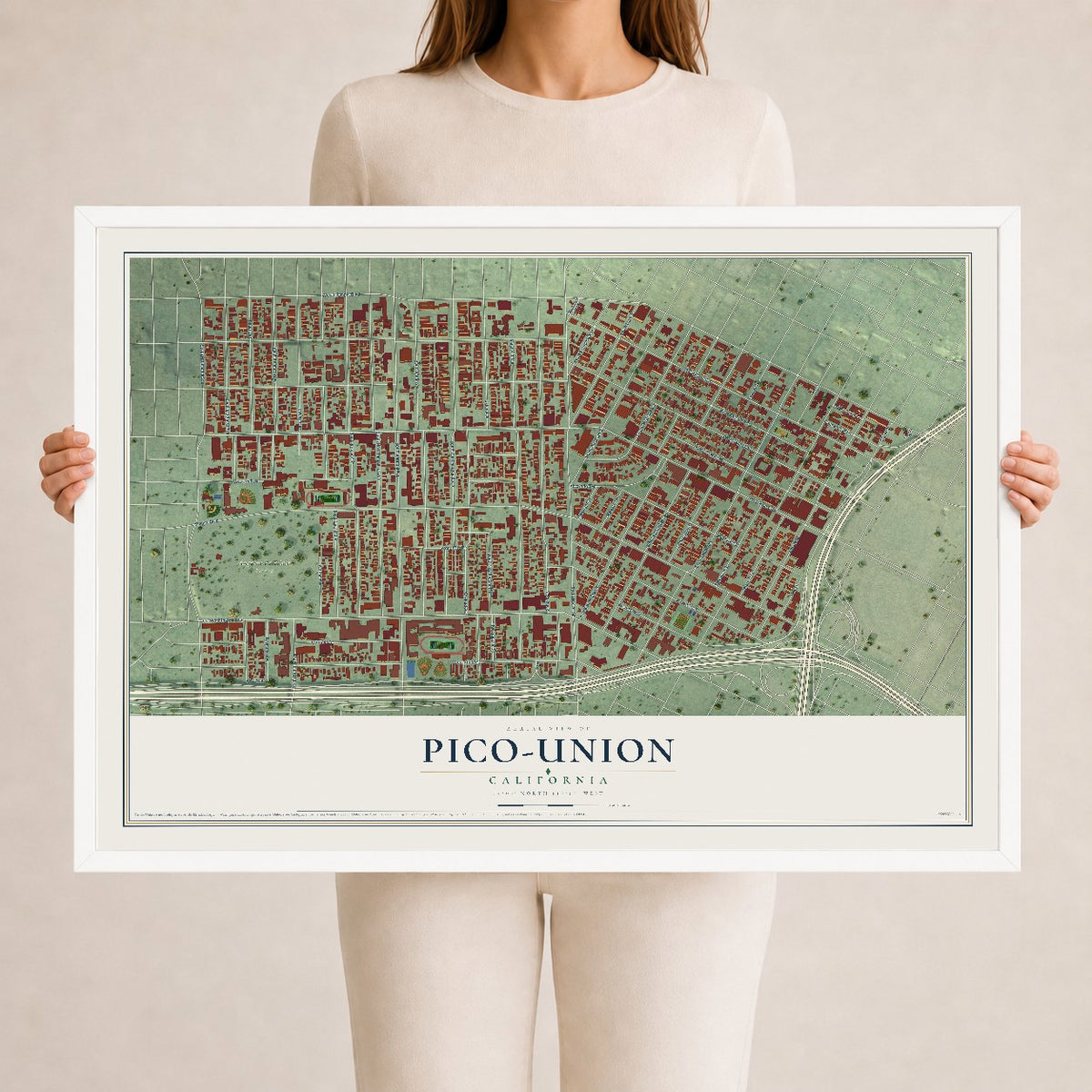 Map of Pico-Union, California, 24 x 36 inch print in a white wood frame
