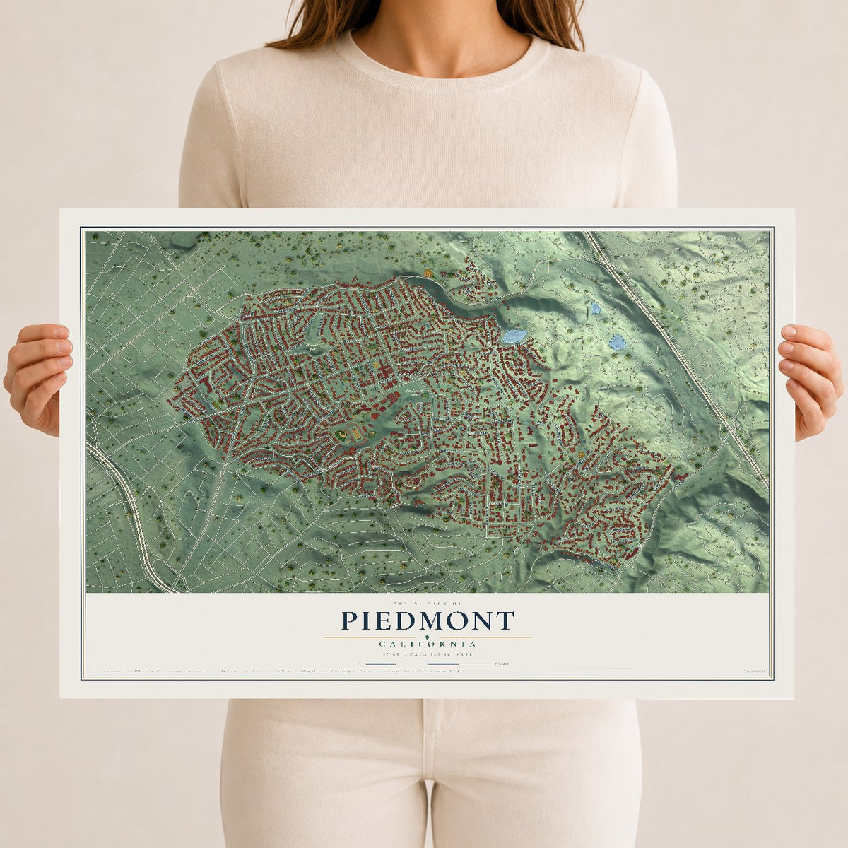 Map of Piedmont, California, 12 x 18 inch unframed archival matte print