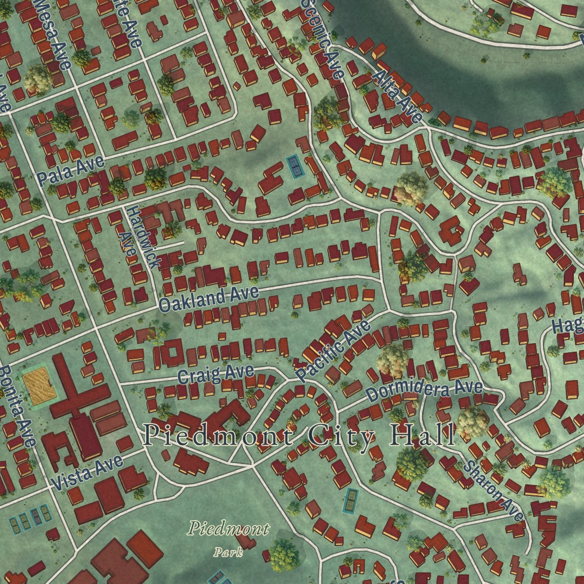 Close-up of the map of Piedmont, California print showing street and building detail