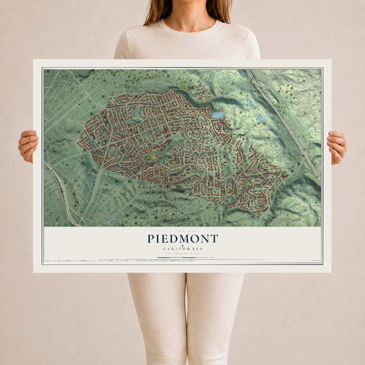 Map of Piedmont, California, 24 x 36 inch unframed archival matte print