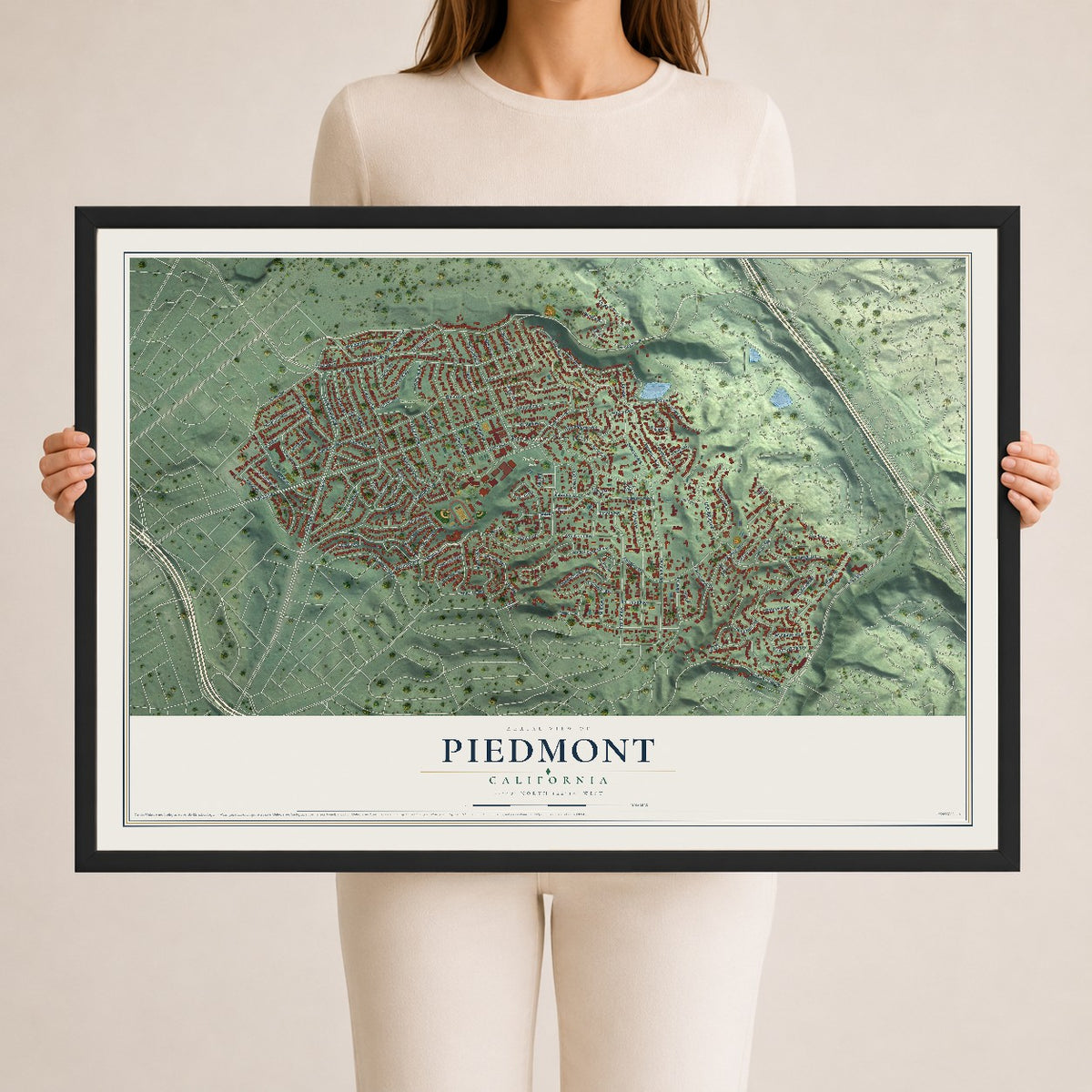 Map of Piedmont, California, 24 x 36 inch print in a black wood frame