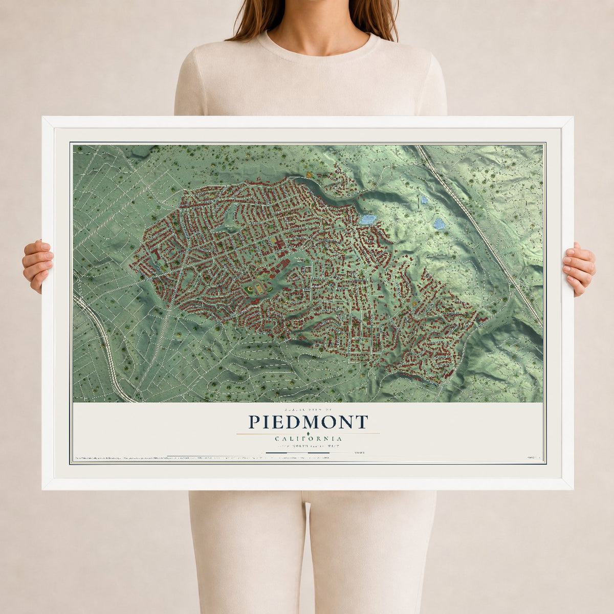 Map of Piedmont, California, 24 x 36 inch print in a white wood frame