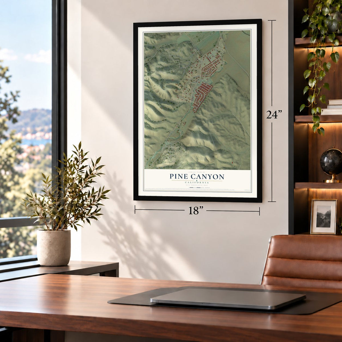 Pine Canyon, California map, 18 x 24 inch print in a black frame in a home office