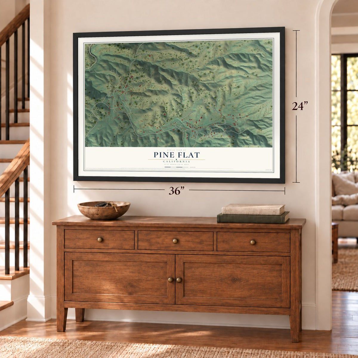 Pine Flat, California map, 24 x 36 inch print in a black frame above a dresser by a staircase