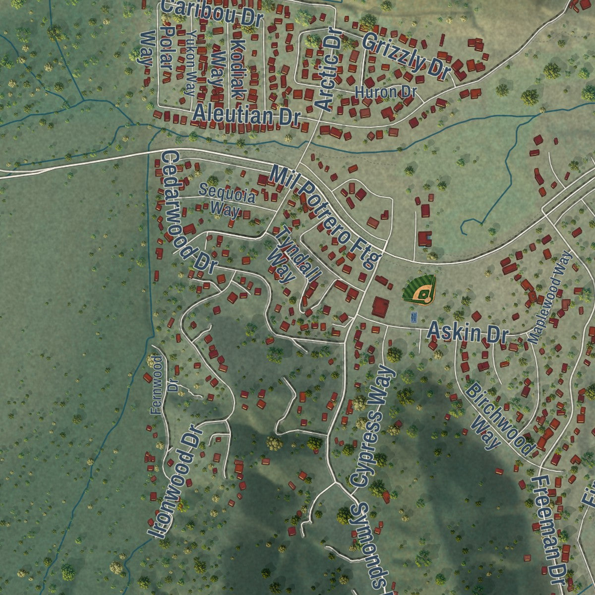 Close-up of the map of Pine Mountain Club, California print showing street and building detail