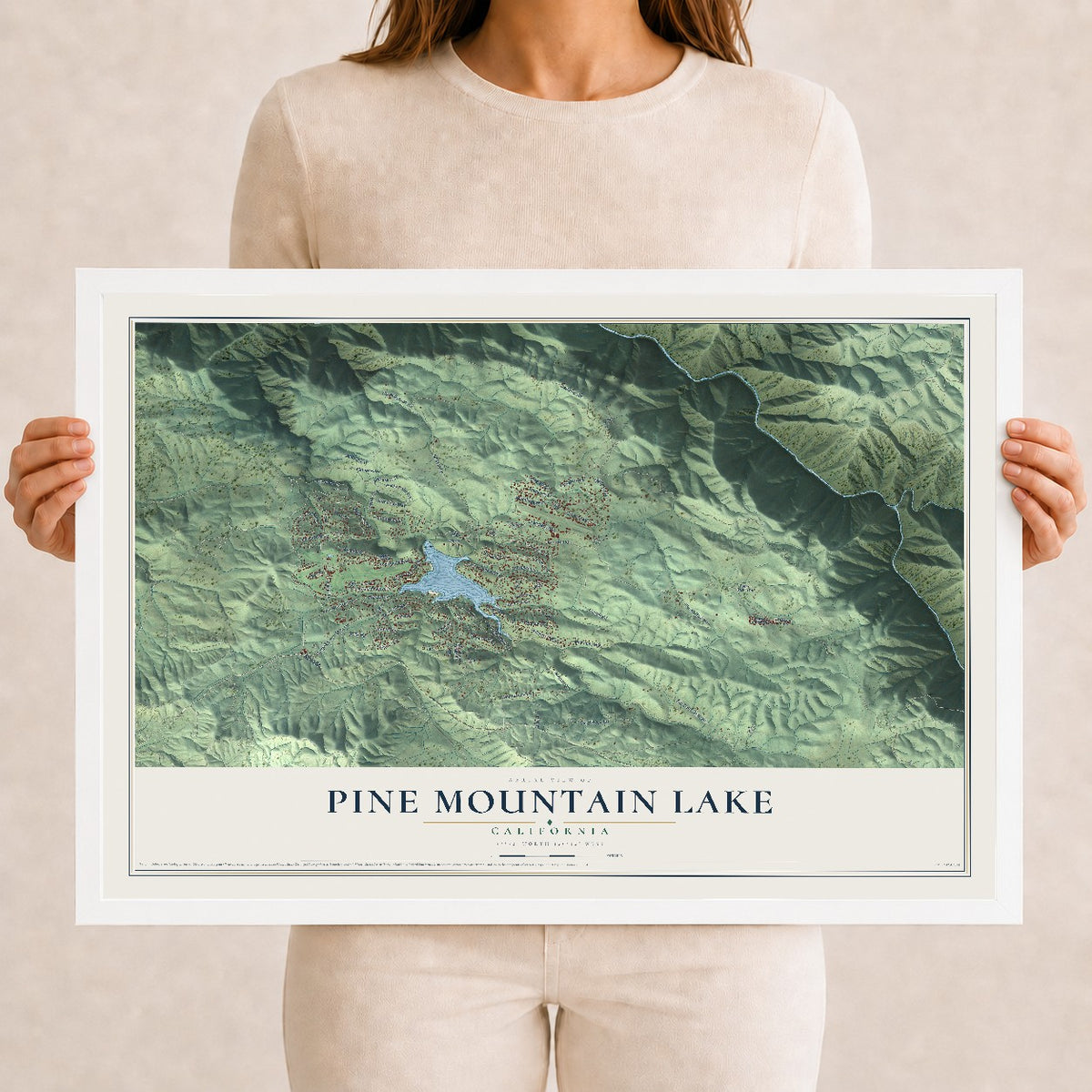 Map of Pine Mountain Lake, California, 12 x 18 inch print in a white wood frame