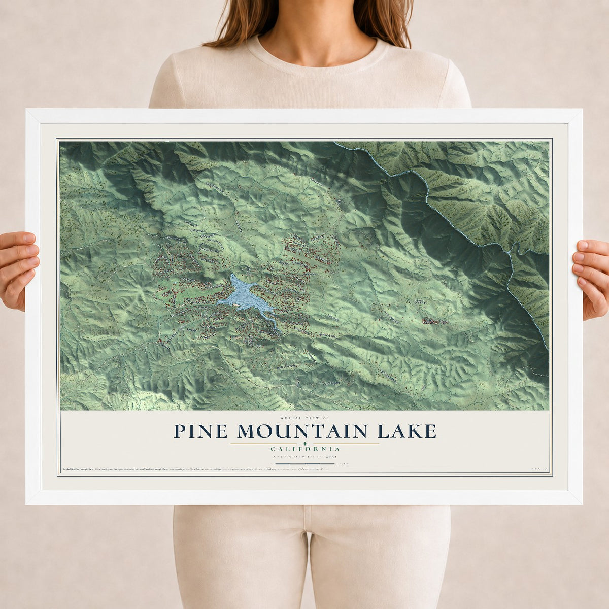 Map of Pine Mountain Lake, California, 18 x 24 inch print in a white wood frame