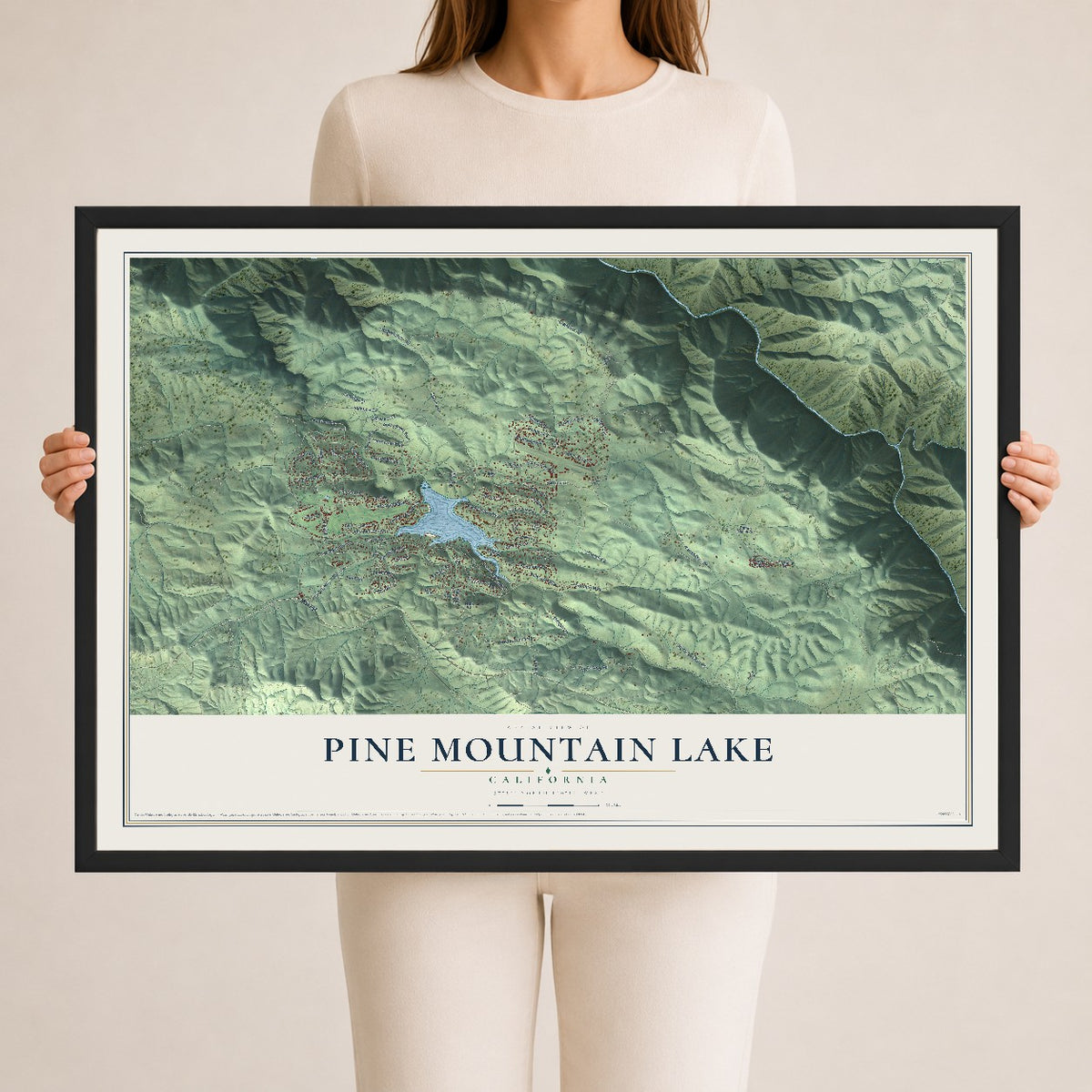 Map of Pine Mountain Lake, California, 24 x 36 inch print in a black wood frame