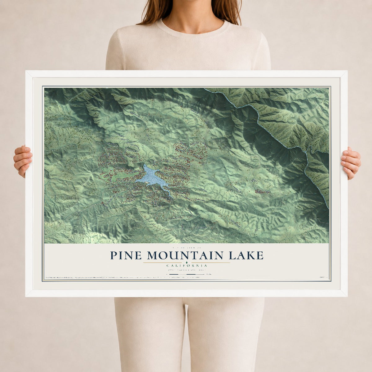 Map of Pine Mountain Lake, California, 24 x 36 inch print in a white wood frame