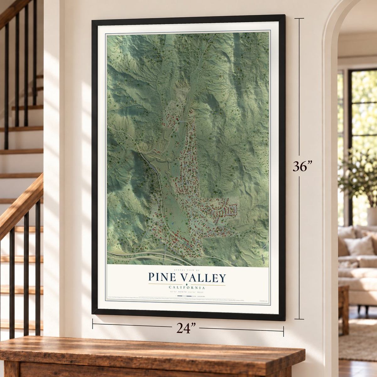 Pine Valley, California map, 24 x 36 inch print in a black frame by a staircase