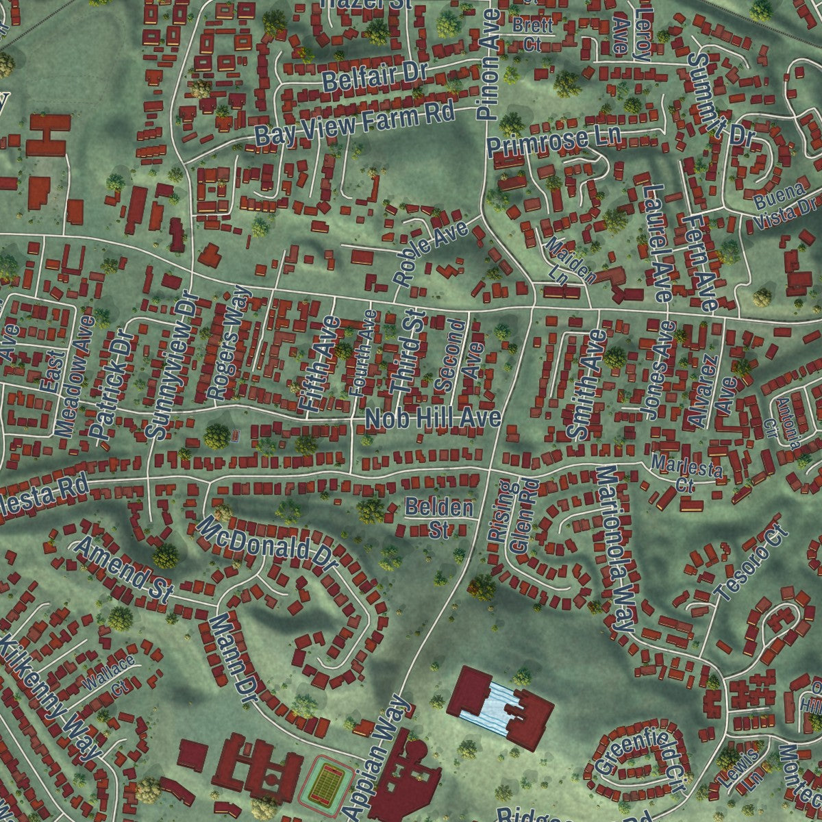 Close-up of the map of Pinole, California print showing street and building detail