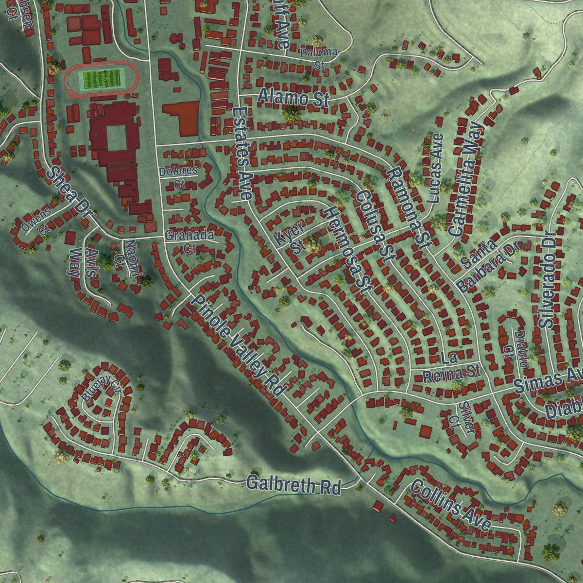 Second close-up of the map of Pinole, California print showing more streets and buildings