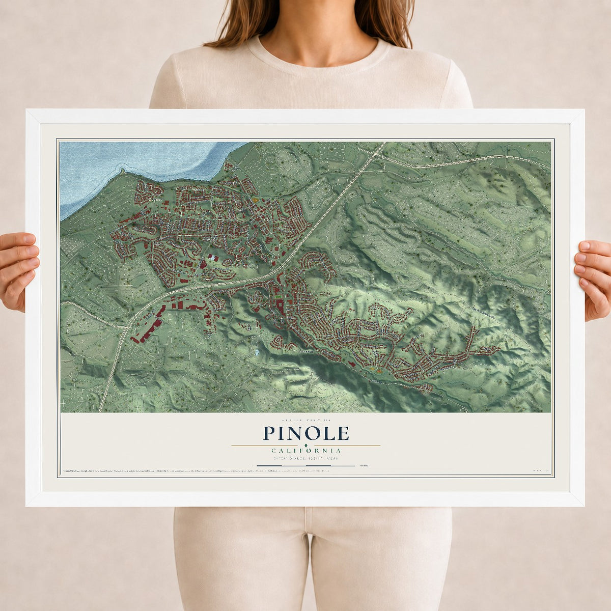 Map of Pinole, California, 18 x 24 inch print in a white wood frame