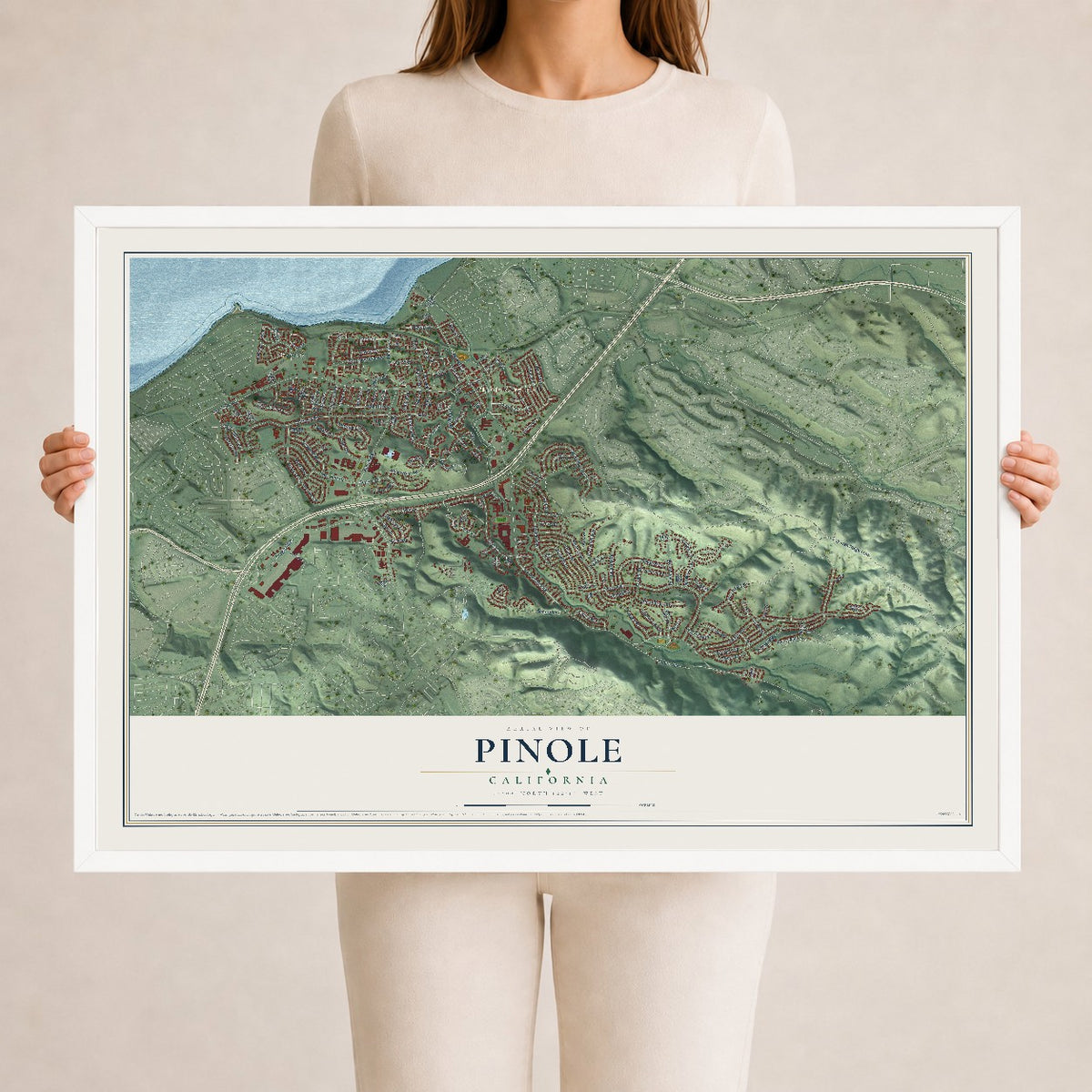 Map of Pinole, California, 24 x 36 inch print in a white wood frame