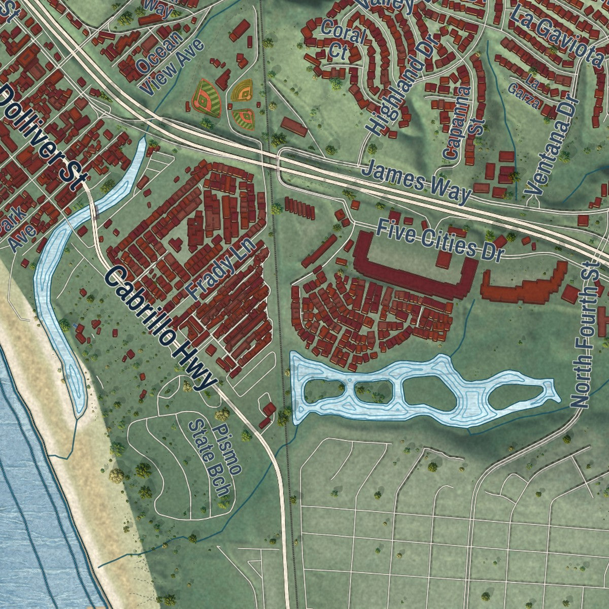 Close-up of the map of Pismo Beach, California print showing street and building detail