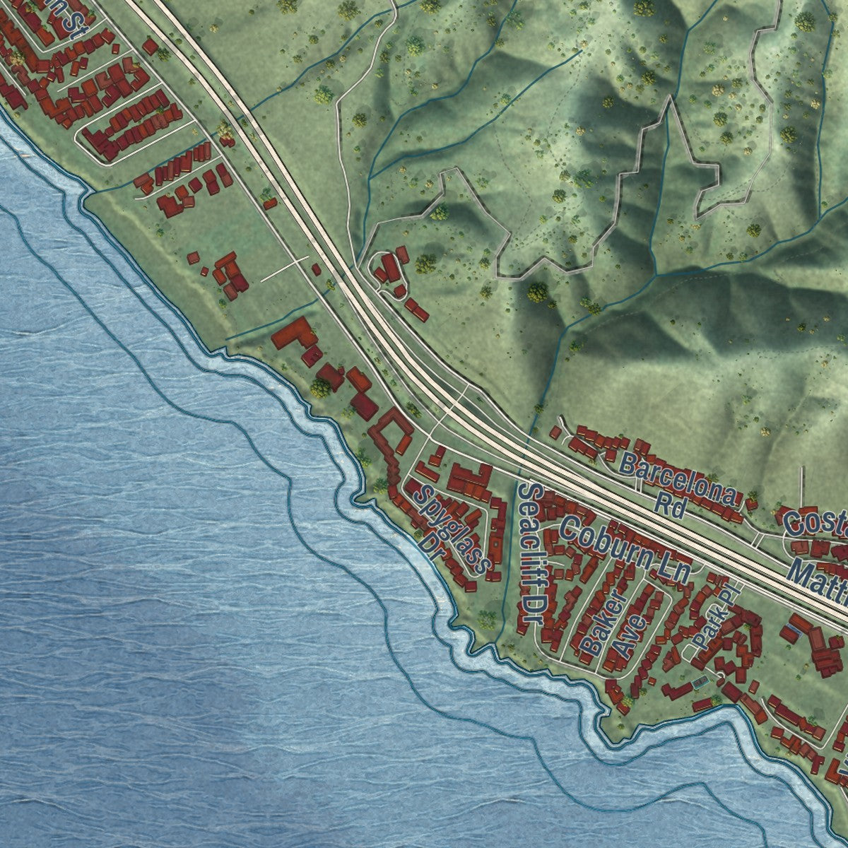 Second close-up of the map of Pismo Beach, California print showing more streets and buildings