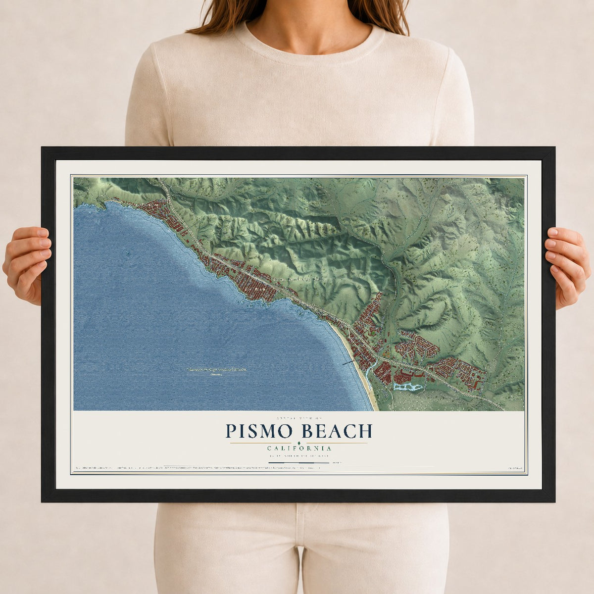 Map of Pismo Beach, California, 12 x 18 inch print in a black wood frame