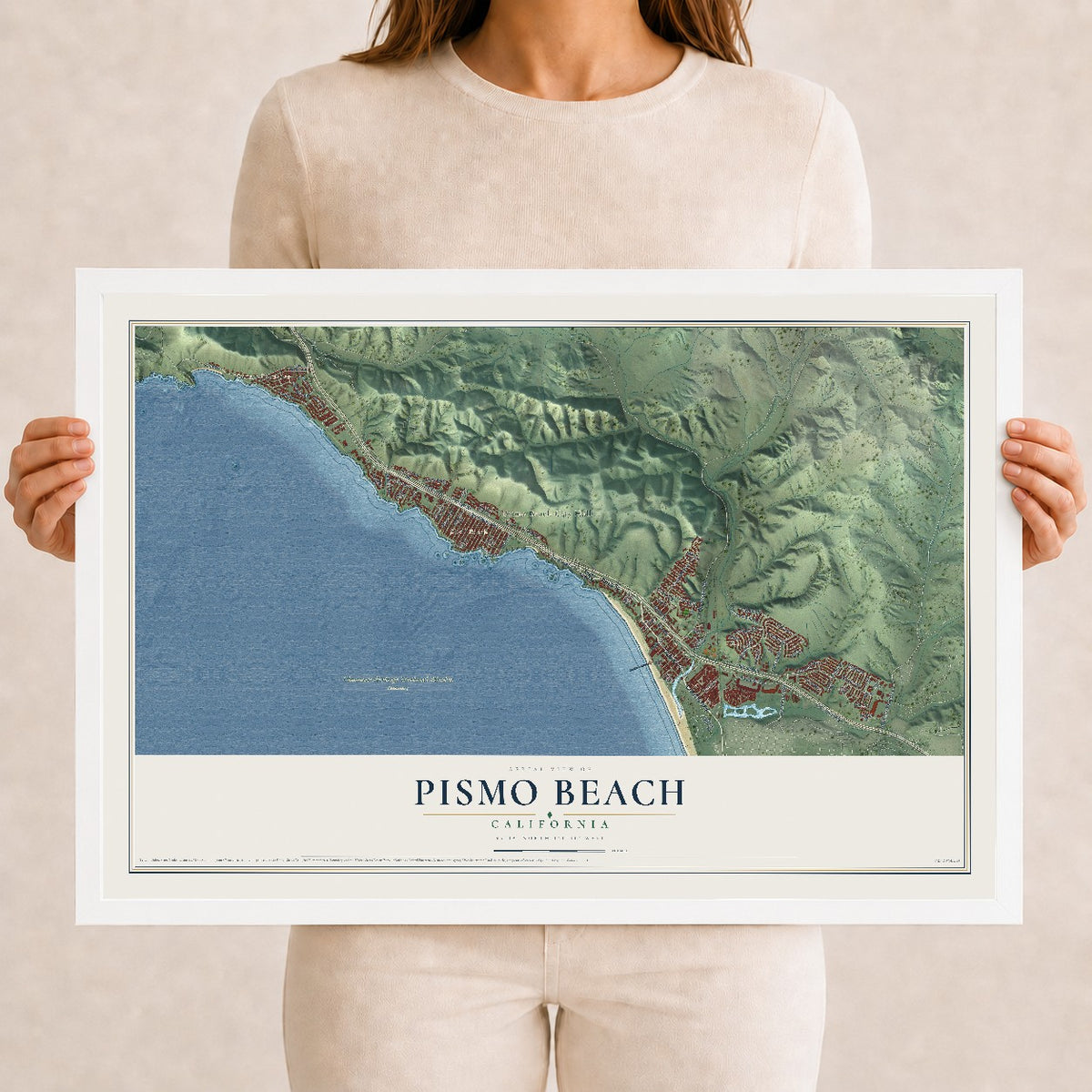 Map of Pismo Beach, California, 12 x 18 inch print in a white wood frame