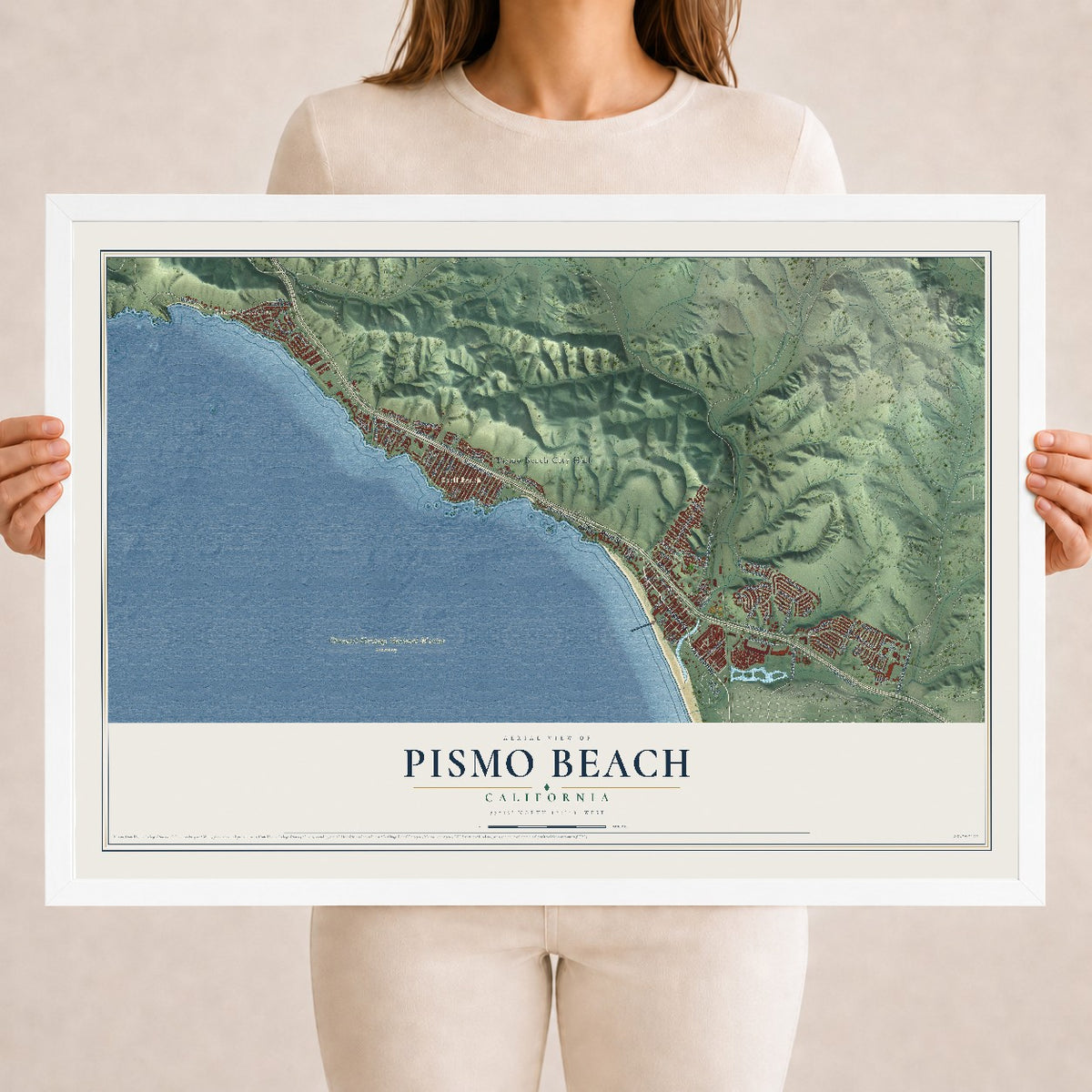 Map of Pismo Beach, California, 18 x 24 inch print in a white wood frame