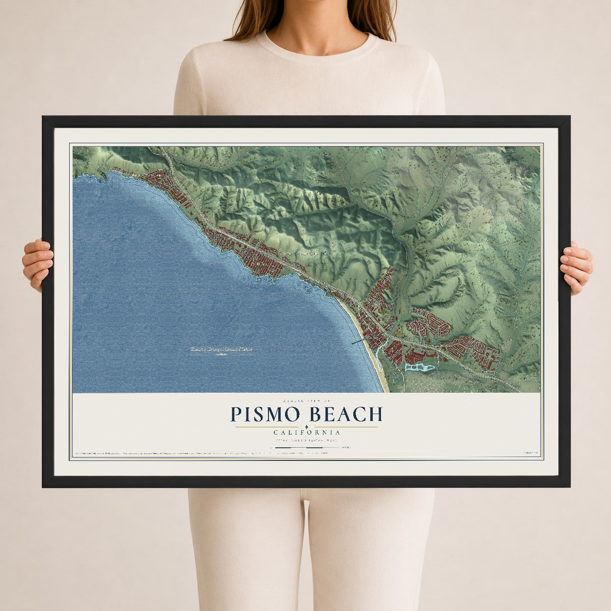 Map of Pismo Beach, California, 24 x 36 inch print in a black wood frame