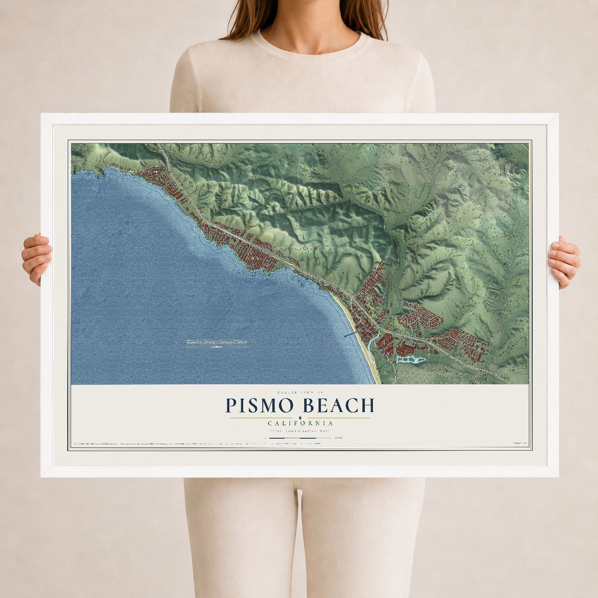 Map of Pismo Beach, California, 24 x 36 inch print in a white wood frame