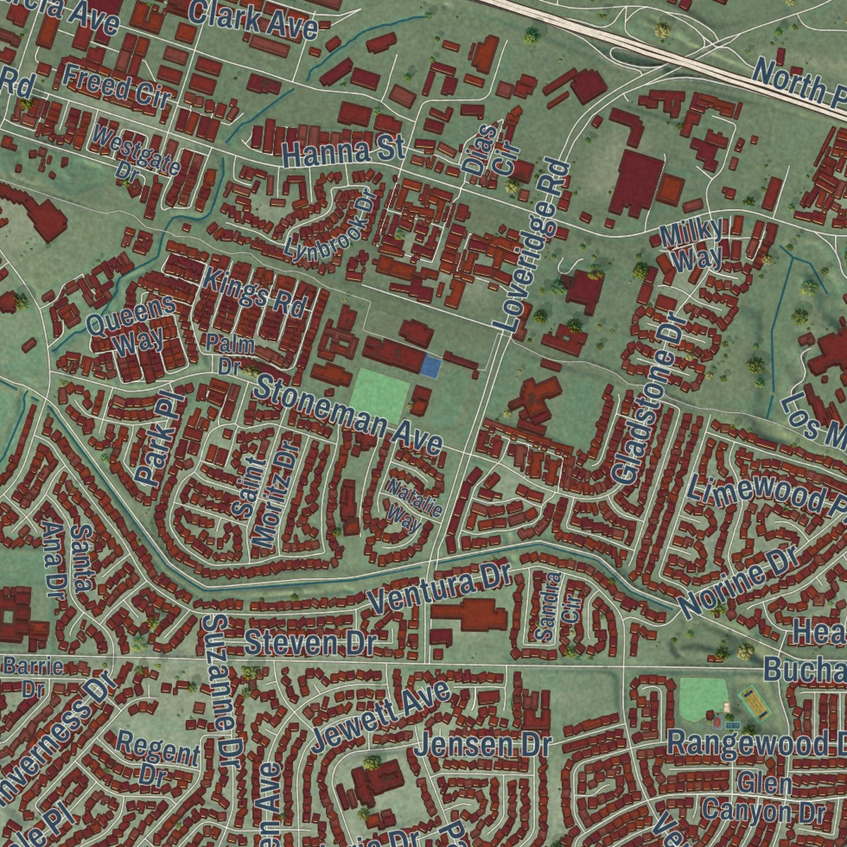 Close-up of the map of Pittsburg, California print showing street and building detail