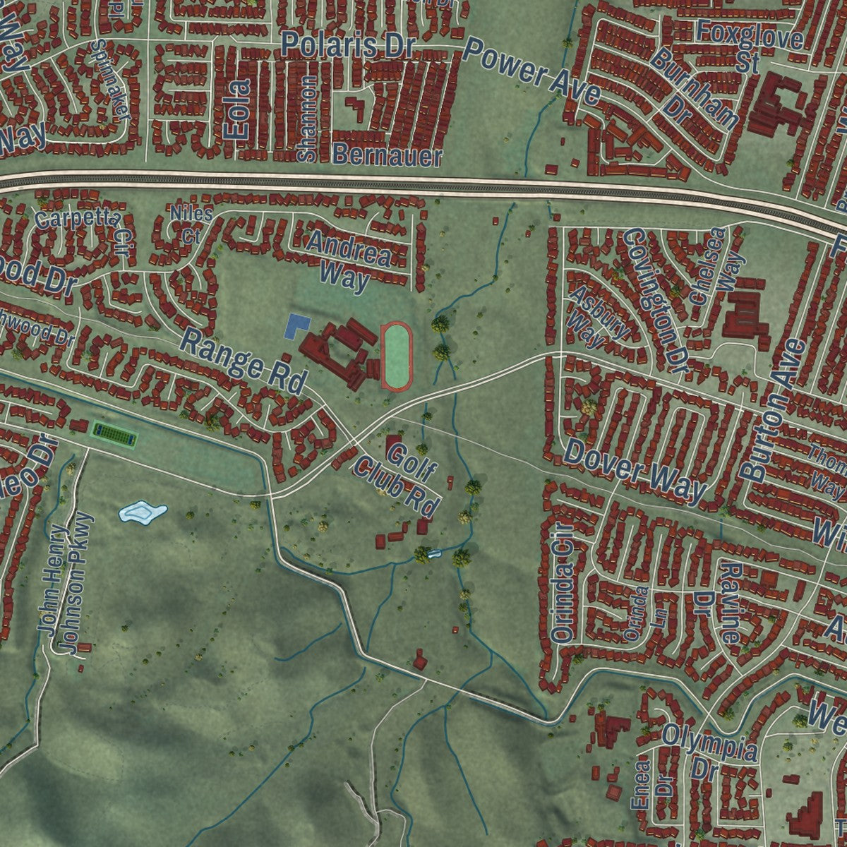 Second close-up of the map of Pittsburg, California print showing more streets and buildings