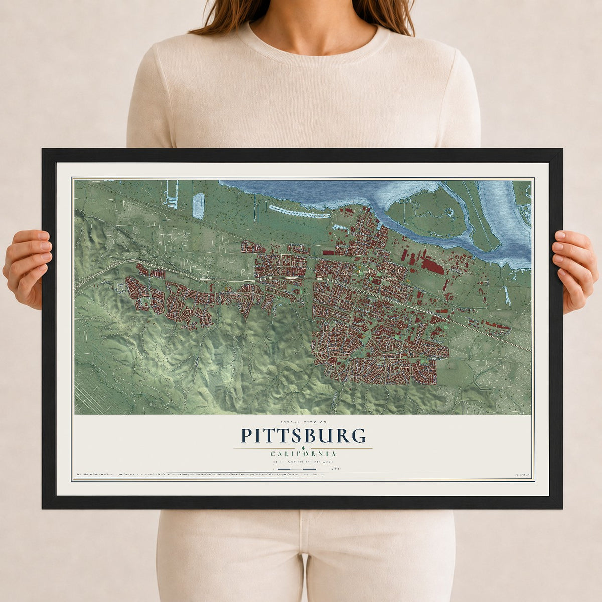 Map of Pittsburg, California, 12 x 18 inch print in a black wood frame