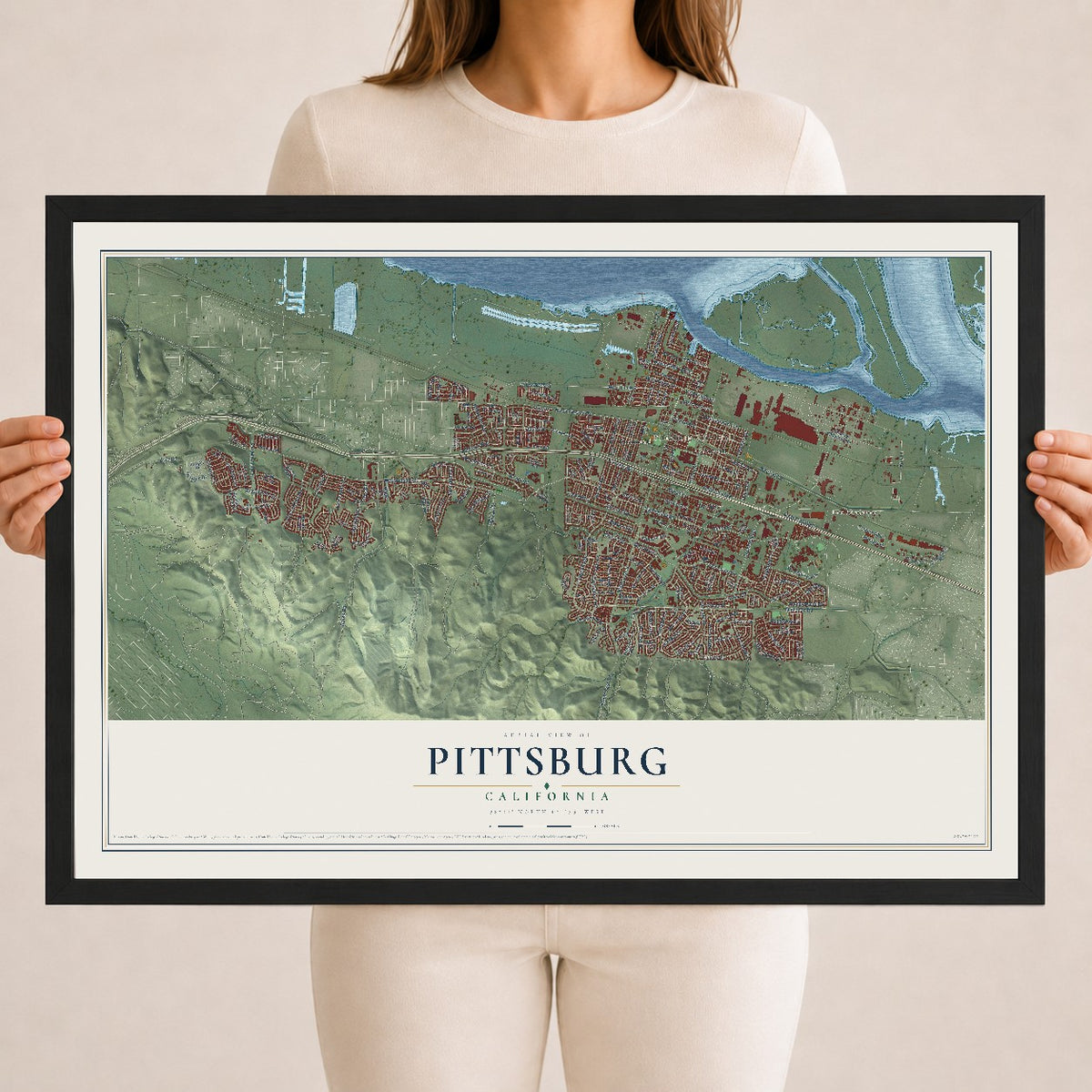 Map of Pittsburg, California, 18 x 24 inch print in a black wood frame