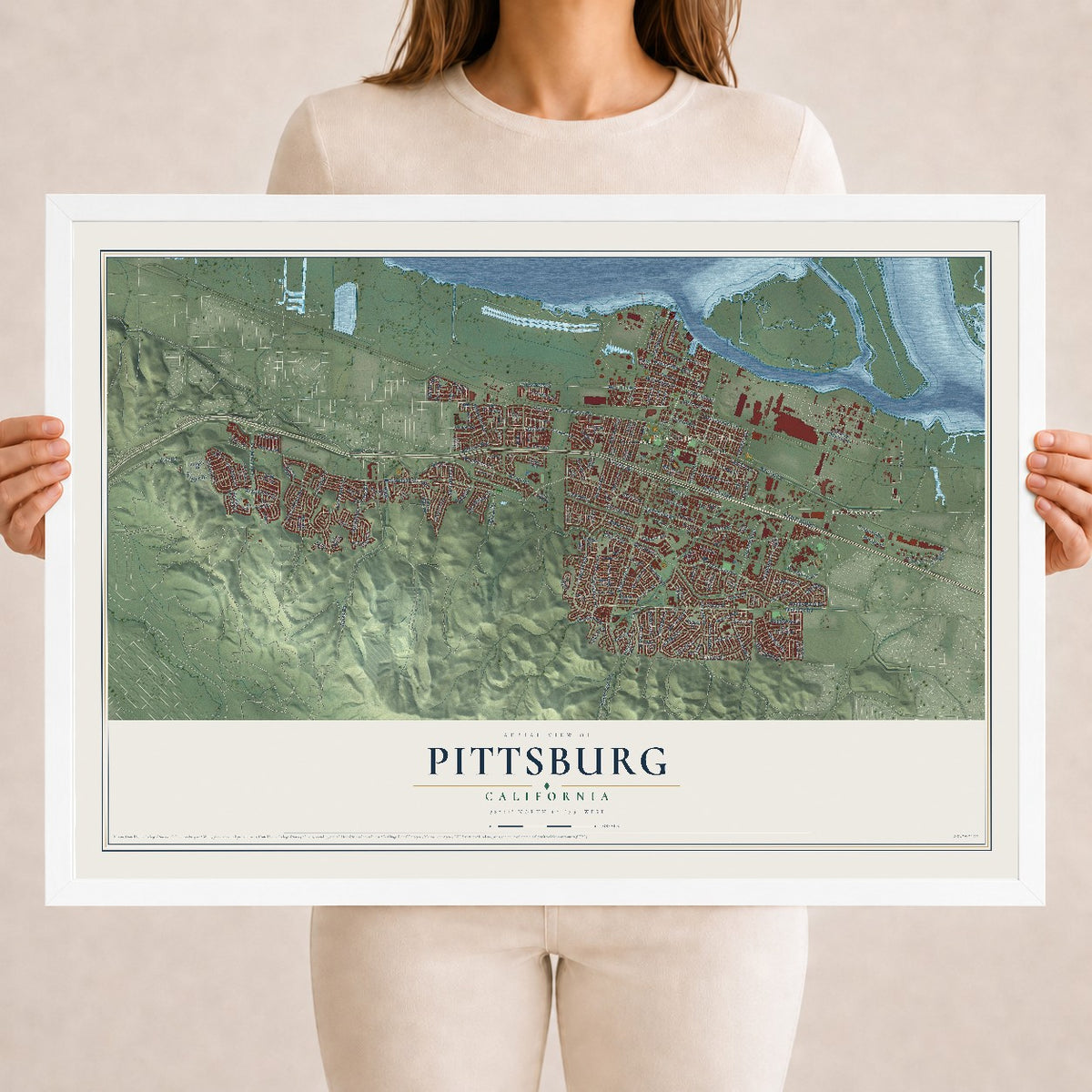 Map of Pittsburg, California, 18 x 24 inch print in a white wood frame