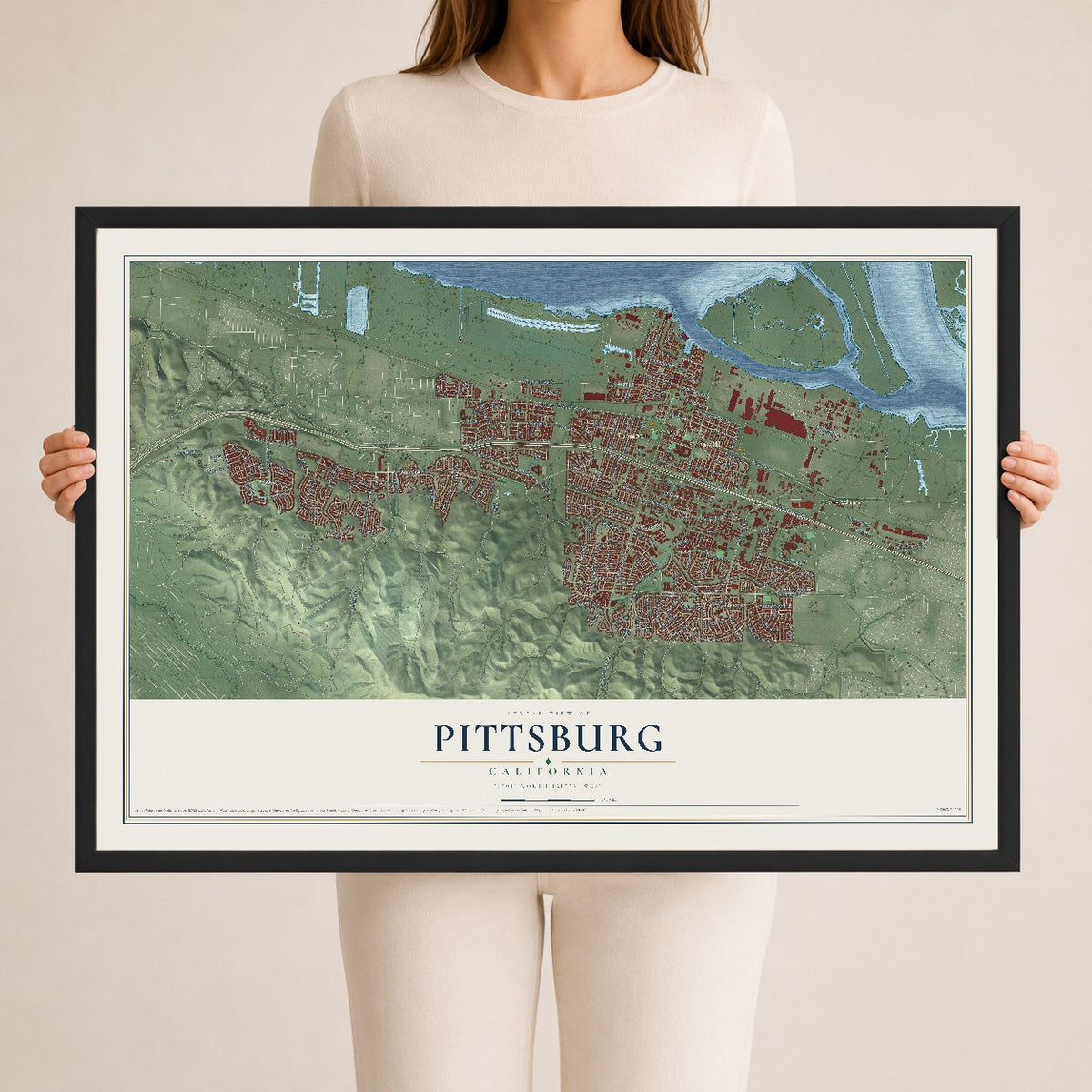 Map of Pittsburg, California, 24 x 36 inch print in a black wood frame