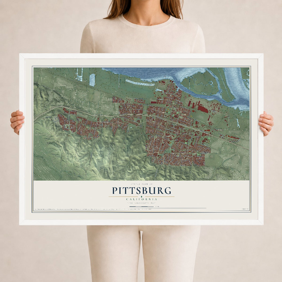Map of Pittsburg, California, 24 x 36 inch print in a white wood frame