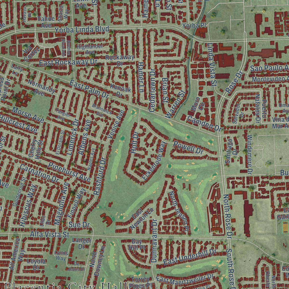 Close-up of the map of Placentia, California print showing street and building detail