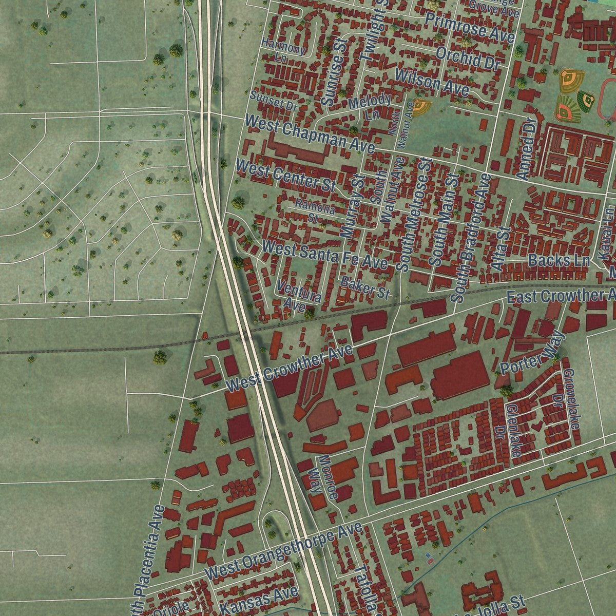 Second close-up of the map of Placentia, California print showing more streets and buildings