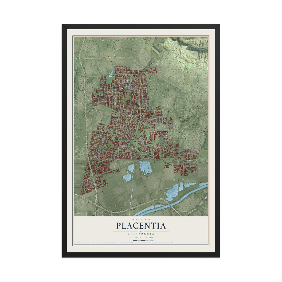 Map of Placentia, California, 12 x 18 inch print in a black wood frame