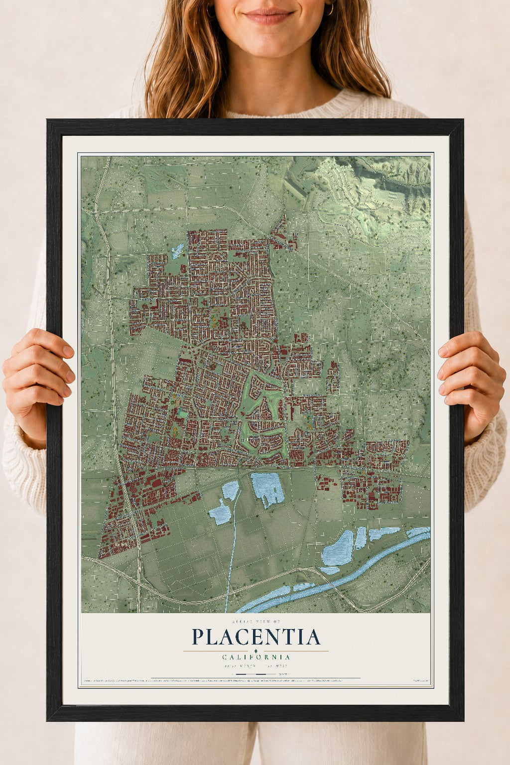 Map of Placentia, California, 18 x 24 inch print in a black wood frame