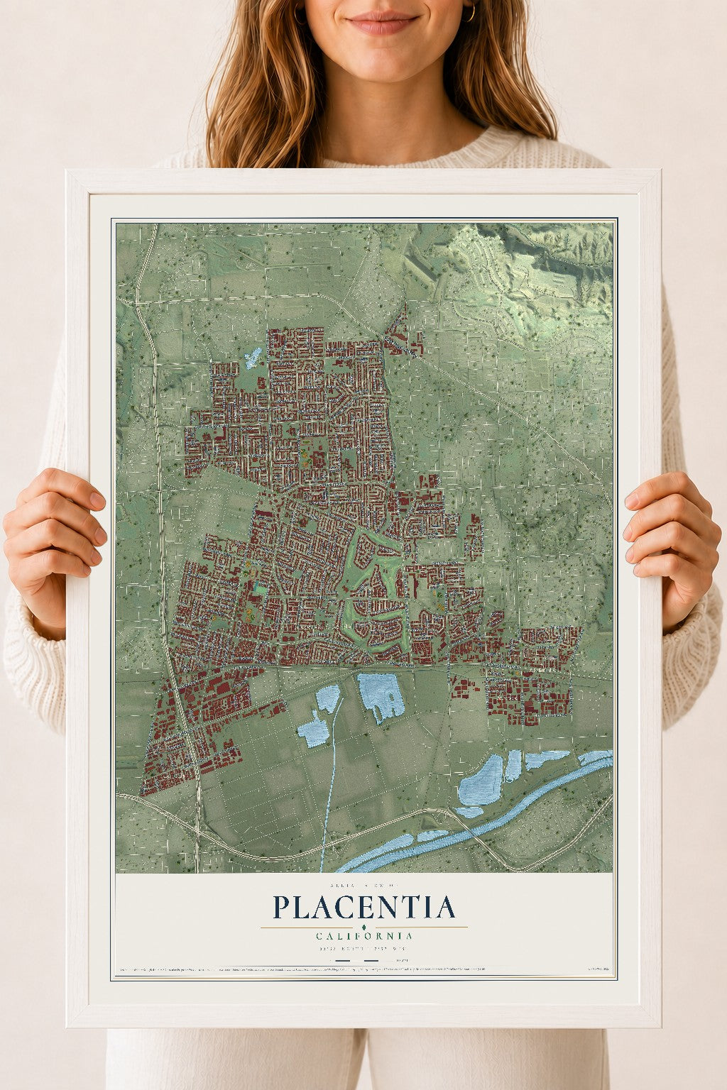 Map of Placentia, California, 18 x 24 inch print in a white wood frame