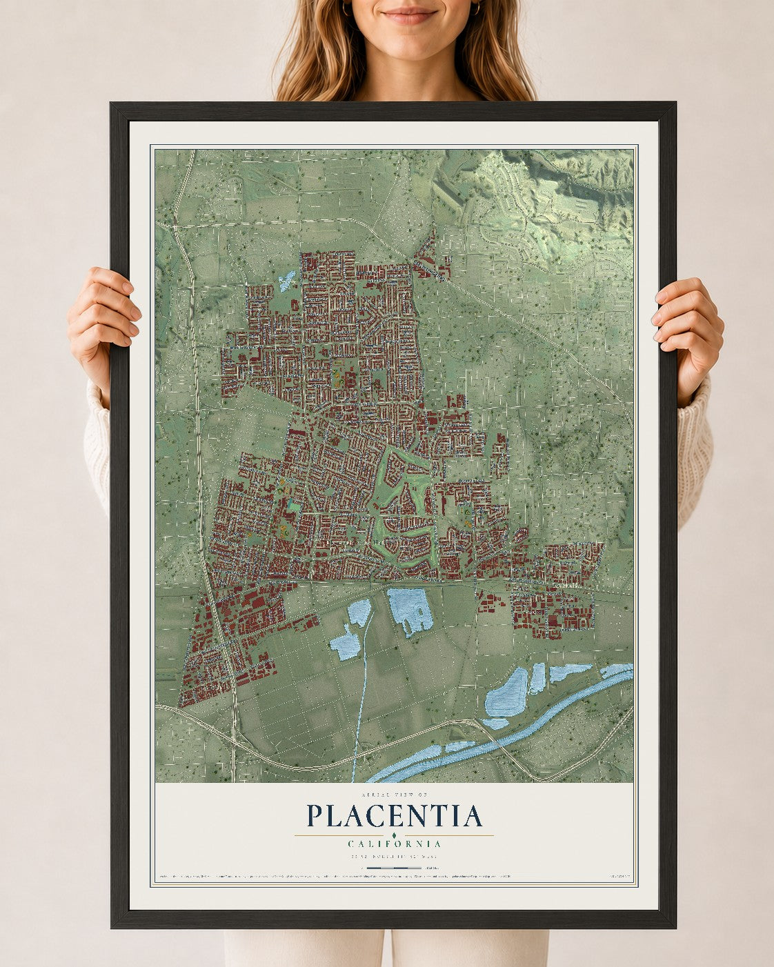 Map of Placentia, California, 24 x 36 inch print in a black wood frame