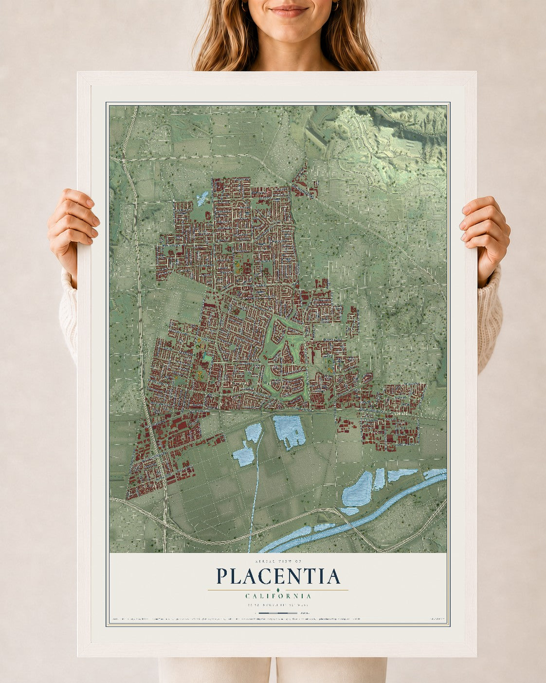 Map of Placentia, California, 24 x 36 inch print in a white wood frame