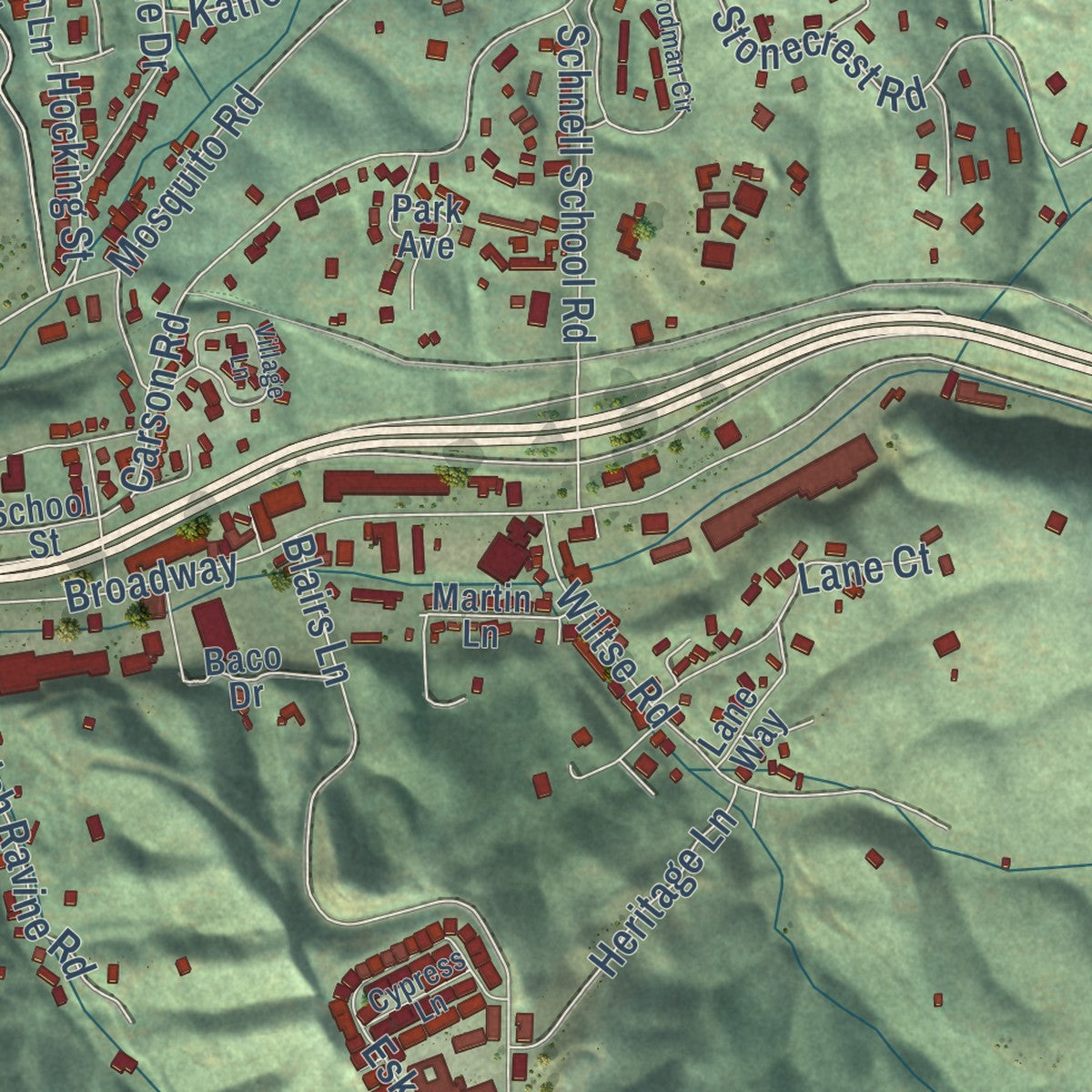 Second close-up of the map of Placerville, California print showing more streets and buildings