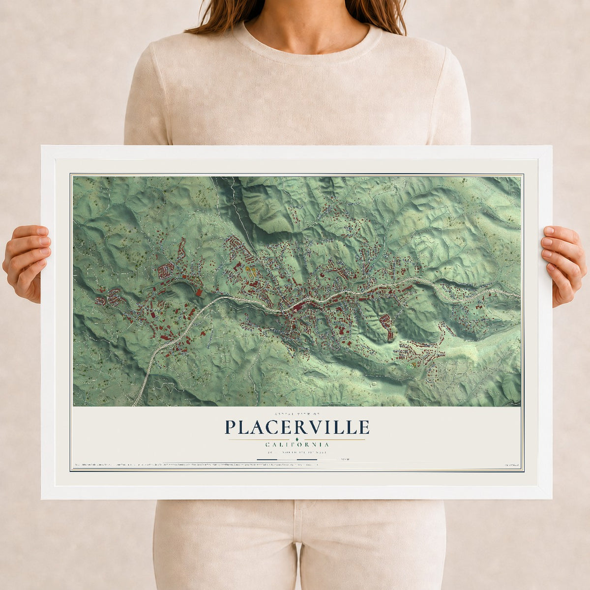 Map of Placerville, California, 12 x 18 inch print in a white wood frame