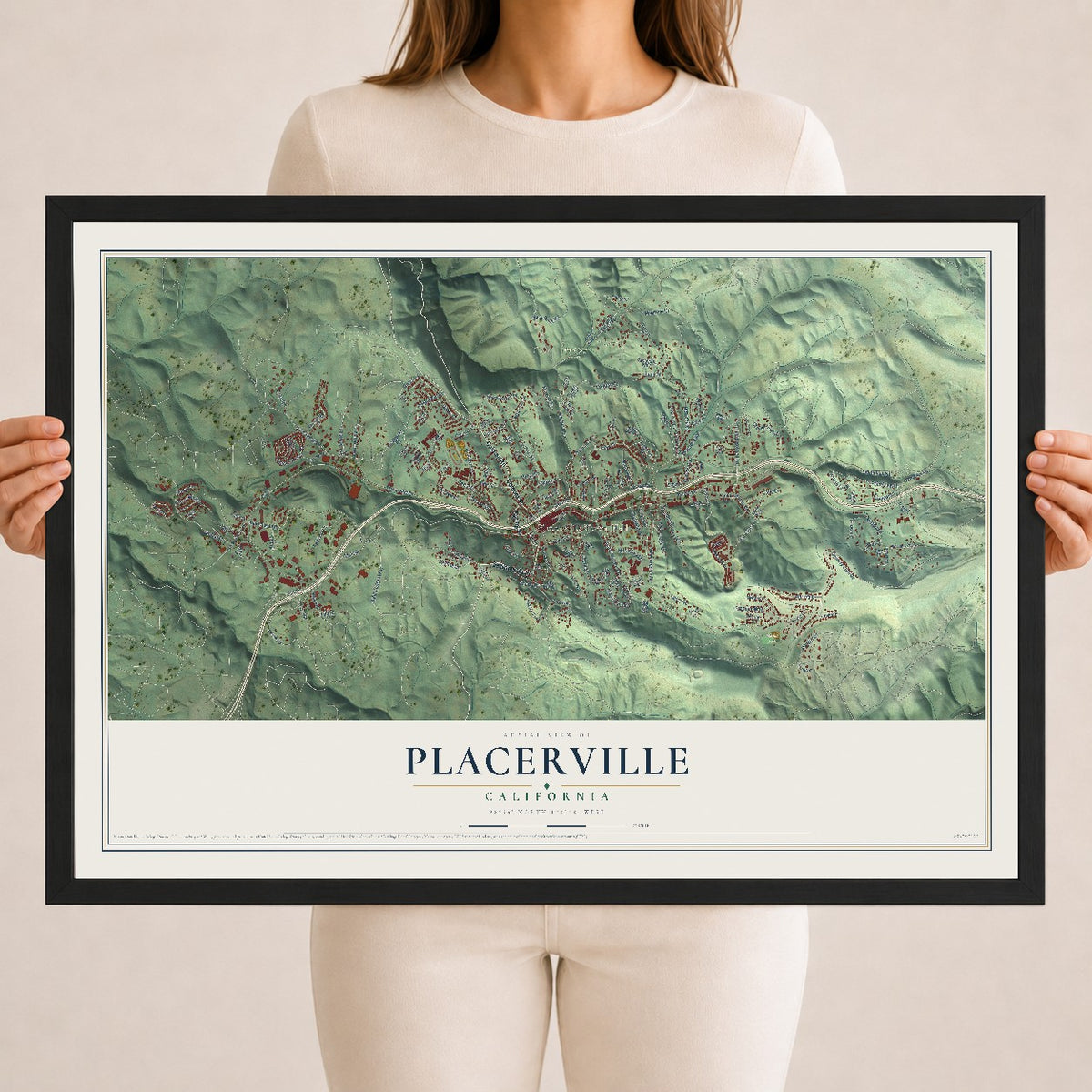 Map of Placerville, California, 18 x 24 inch print in a black wood frame