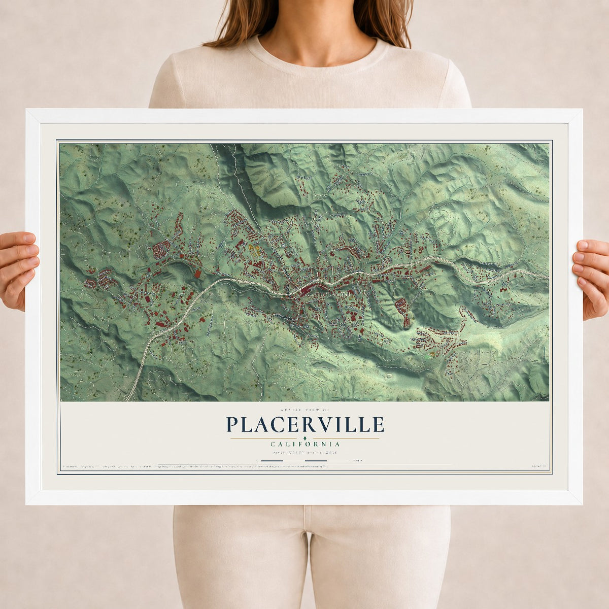 Map of Placerville, California, 18 x 24 inch print in a white wood frame