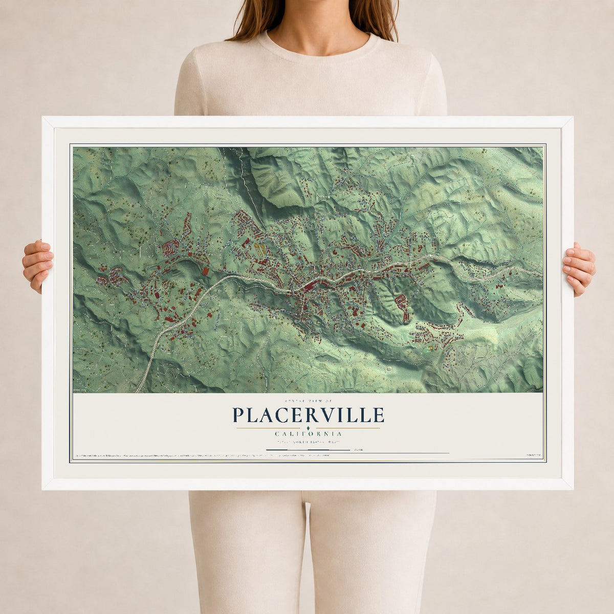 Map of Placerville, California, 24 x 36 inch print in a white wood frame